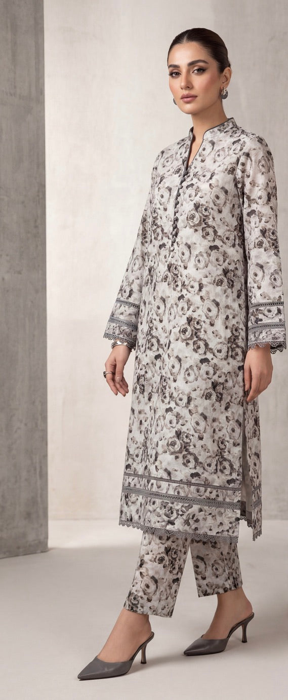 Monochrome Floral Print – Printed Cotton Lawn 2 Piece