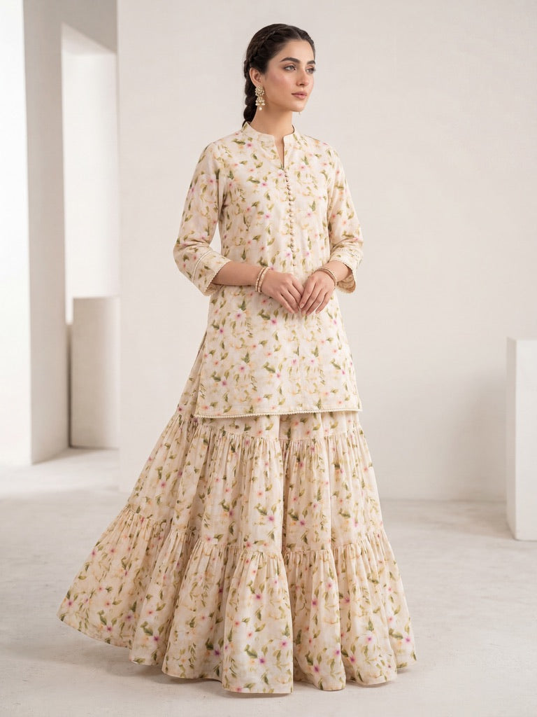 Beige Floral – Printed Cotton Lawn 2 Piece