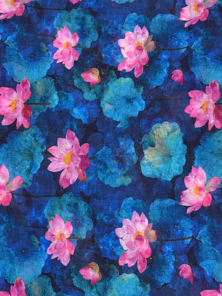 Pink Lotus on Blue – Printed Cotton Lawn 2 Piece