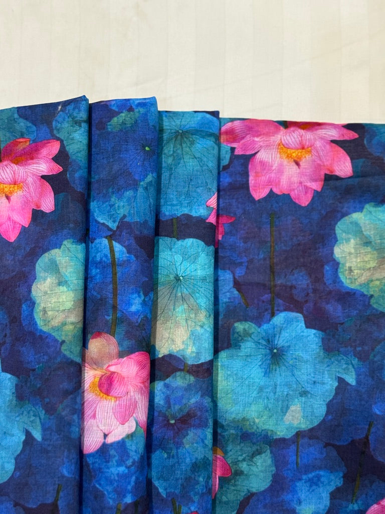 Pink Lotus on Blue – Printed Cotton Lawn 2 Piece