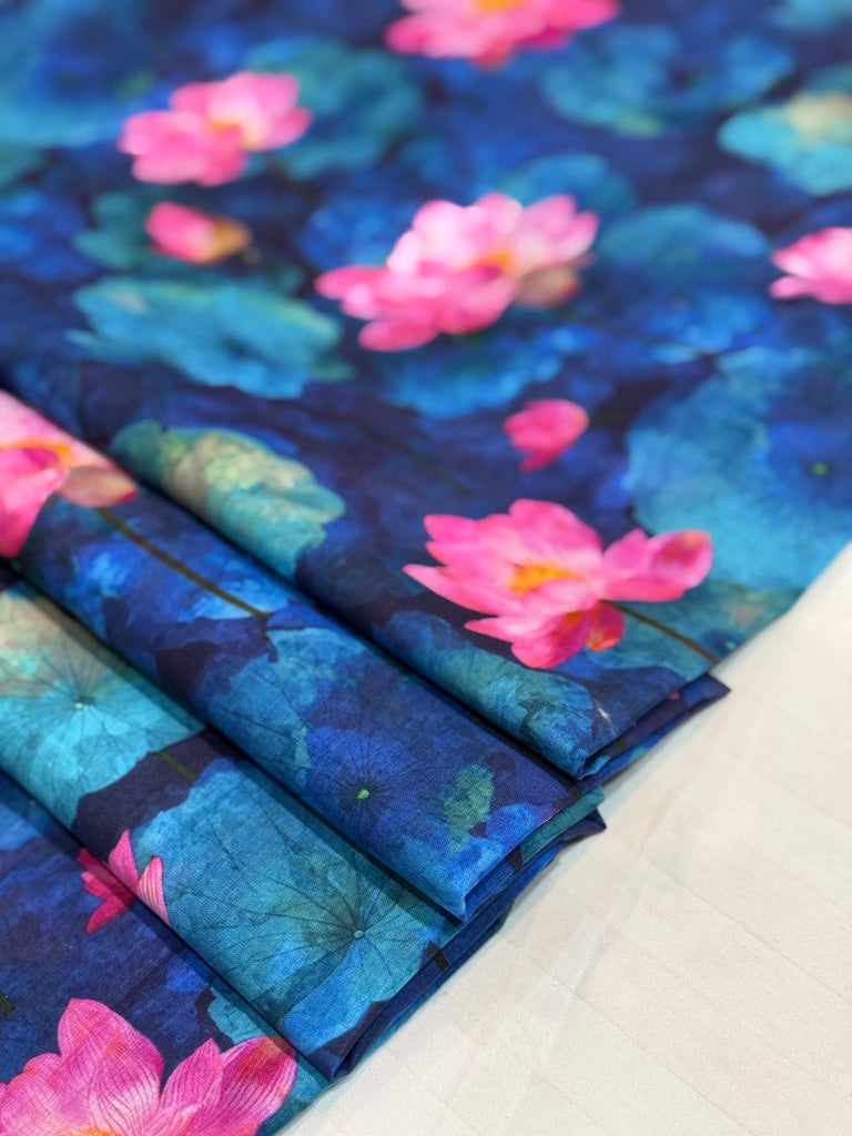 Pink Lotus on Blue – Printed Cotton Lawn 2 Piece