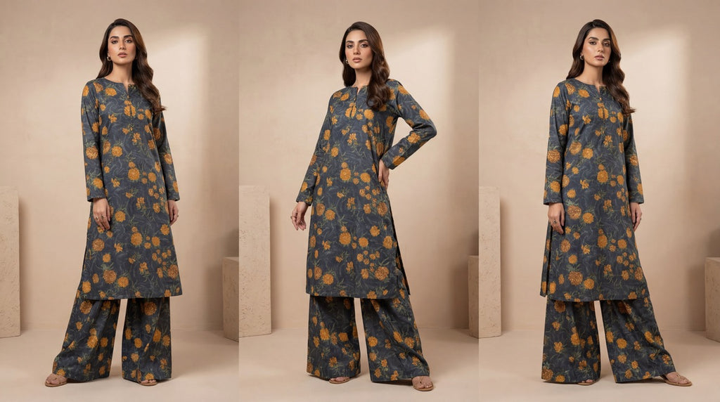 black orange floral – Printed Cotton Lawn 2 Piece