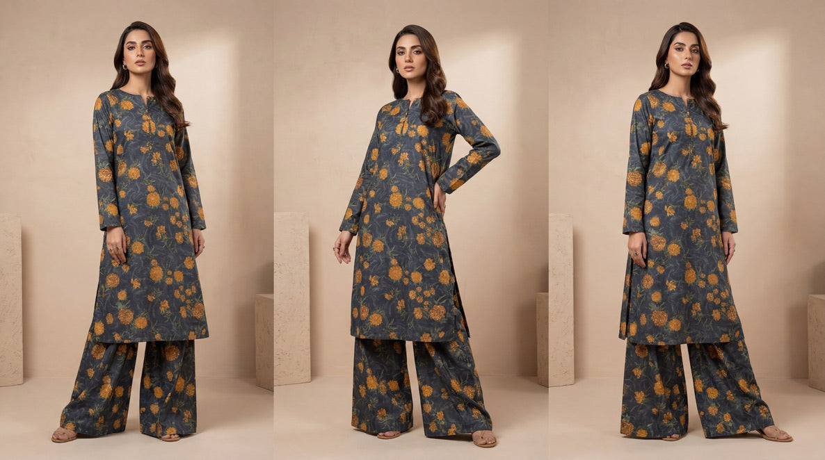 black orange floral – Printed Cotton Lawn 2 Piece