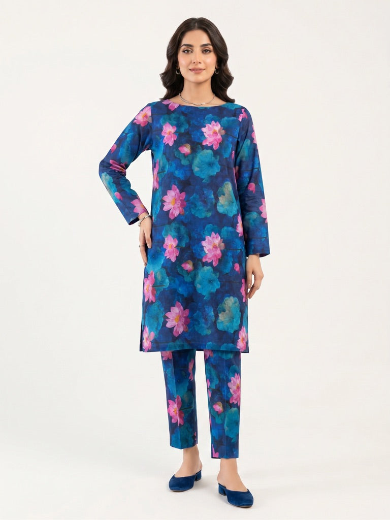 Pink Lotus on Blue – Printed Cotton Lawn 2 Piece