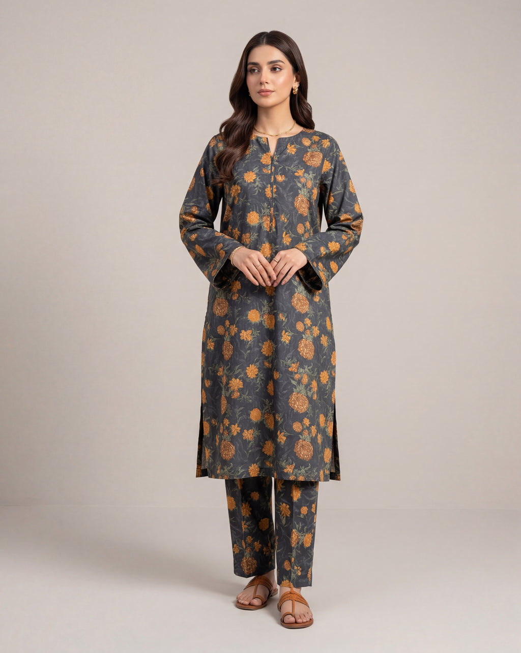 black orange floral – Printed Cotton Lawn 2 Piece