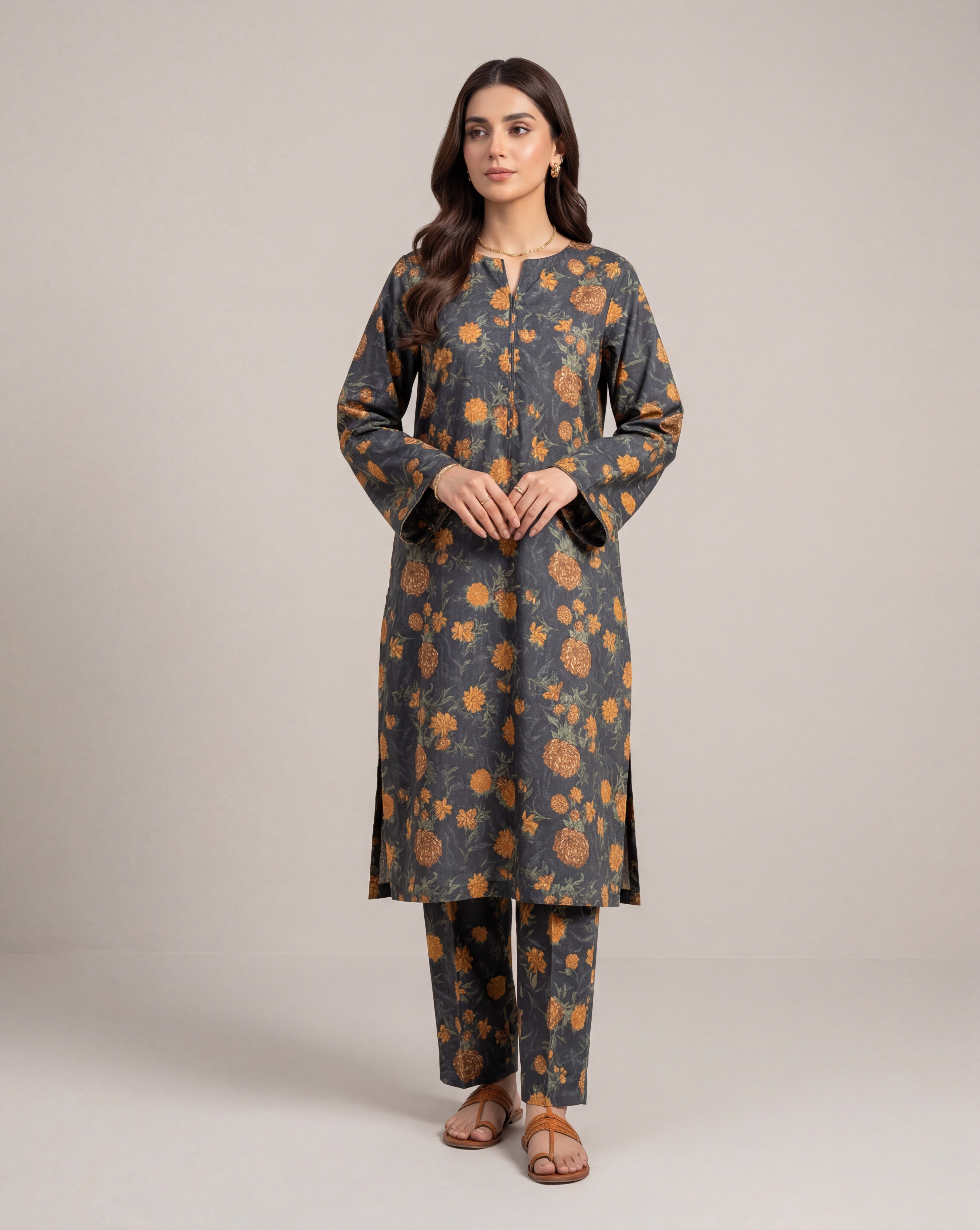 black orange floral – Printed Cotton Lawn 2 Piece