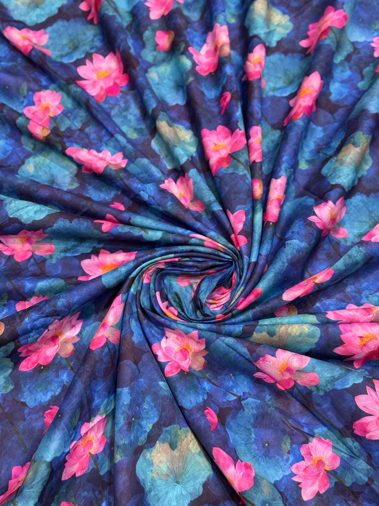 Pink Lotus on Blue – Printed Cotton Lawn 2 Piece